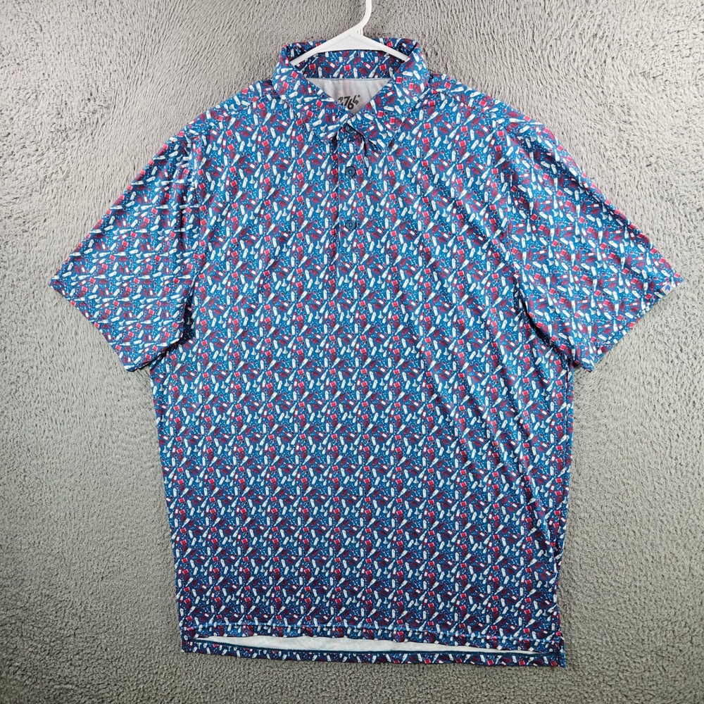 1764 Mens Wine Bottle Print Golf Polo Shirt Blue Large Performance Stretch